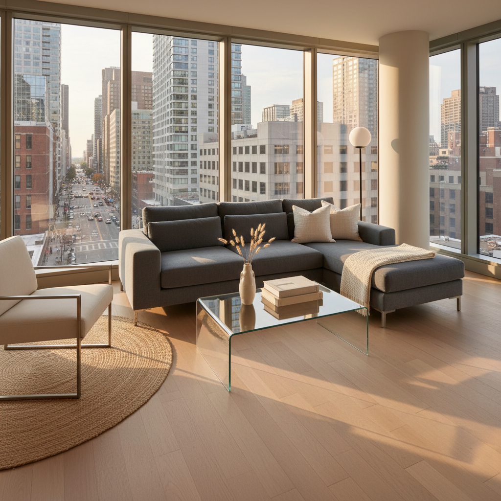 An elegantly staged residential living room within the new development, featuring floor-to-ceiling windows that provide a panoramic view of downtown streets. The room is furnished with a low-profile, slate-gray sofa, minimalist glass coffee table, and pale oak flooring. Neutral textiles and clean-lined decor contribute to the timeless design. Warm natural afternoon light fills the space, creating subtle highlights across the furniture and casting soft ambient shadows. The atmosphere is calm, refined, and inviting. Photographed from a wide angle with a slightly elevated perspective, the image has a clean, contemporary mood that emphasizes comfort and timeless urban living.
