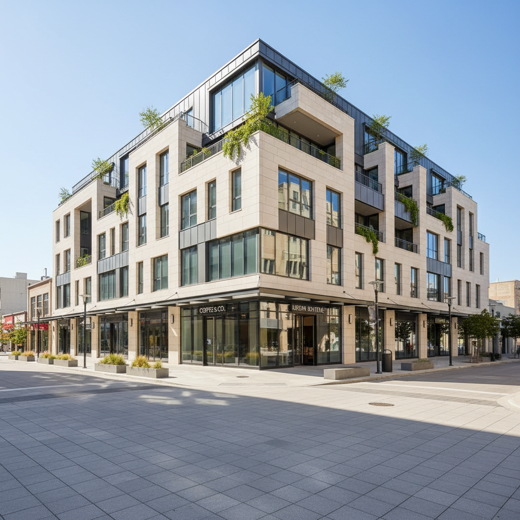 A striking mixed-use building with a blend of light stone and dark metal exterior materials, featuring large, floor-to-ceiling windows and a structured, geometric facade. The ground floor is occupied by modern commercial spaces, with canopies and clear signage, while the upper stories show private balconies and greenery for residential units. The setting is the intersection of two clean, walkable downtown streets, with wide sidewalks, subtle planters, and curated urban details. Daylight streams in from a clear sky, casting soft, balanced shadows and enhancing the neutral color palette. The mood is welcoming yet professional, evoking vibrant city energy. Captured with a wide, eye-level composition in photographic realism, the image feels crisp, clean, and suited for a polished business website introducing the building.