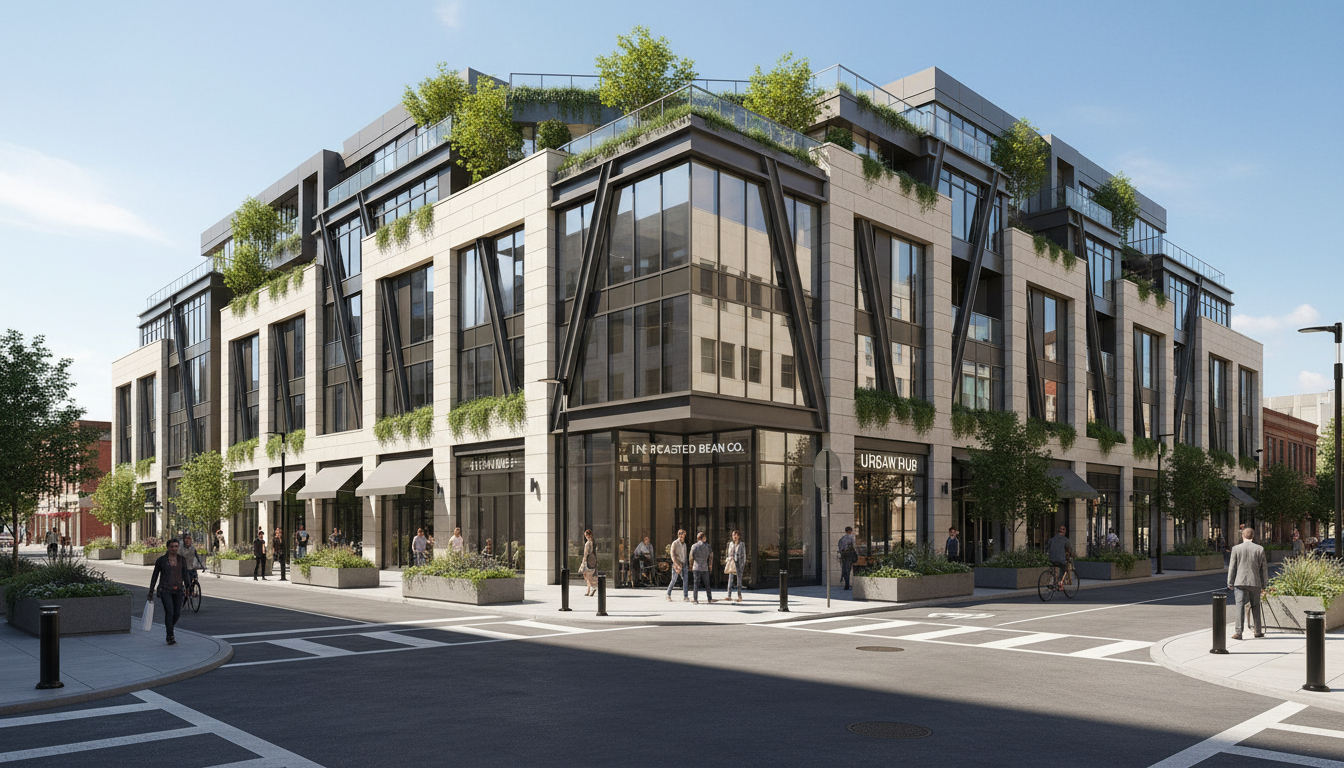 A striking mixed-use building with a blend of light stone and dark metal exterior materials, featuring large, floor-to-ceiling windows and a structured, geometric facade. The ground floor is occupied by modern commercial spaces, with canopies and clear signage, while the upper stories show private balconies and greenery for residential units. The setting is the intersection of two clean, walkable downtown streets, with wide sidewalks, subtle planters, and curated urban details. Daylight streams in from a clear sky, casting soft, balanced shadows and enhancing the neutral color palette. The mood is welcoming yet professional, evoking vibrant city energy. Captured with a wide, eye-level composition in photographic realism, the image feels crisp, clean, and suited for a polished business website introducing the building.