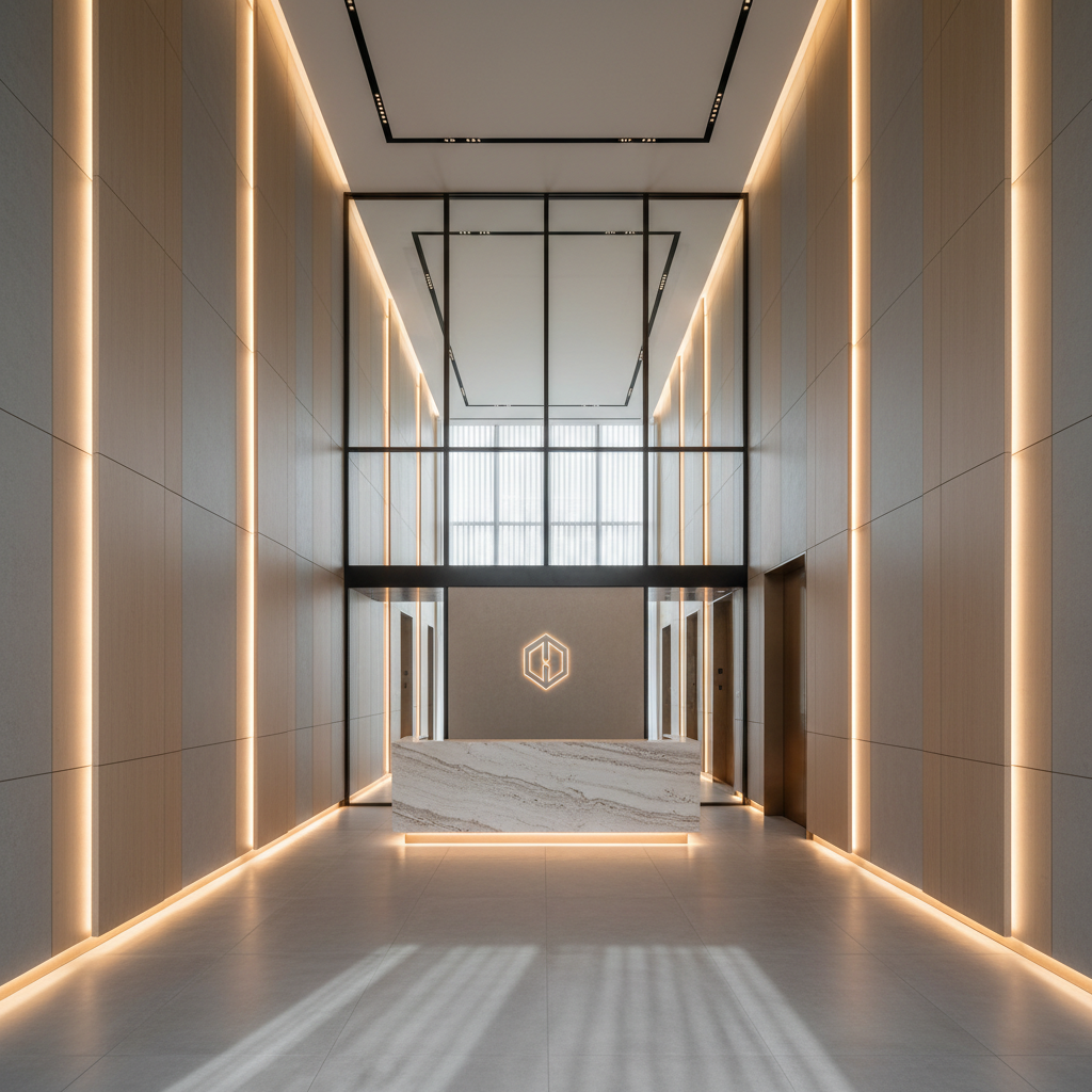 A minimalist commercial lobby interior space with high ceilings, neutral-toned wall panels, and a textured stone reception desk anchored in the center. The space includes a glass entryway framed by sleek metal, structured lines, and integrated accent lighting along the floor. The lobby opens to a corridor revealing a glimpse of polished elevator doors and indirect daylight from adjacent windows, creating gentle highlights and smooth shadows. The mood is serene and corporate, presenting a first impression of understated luxury. The shot uses a balanced, symmetrical composition with sharp focus and photographic clarity, echoing the building’s modern professionalism and business appeal.