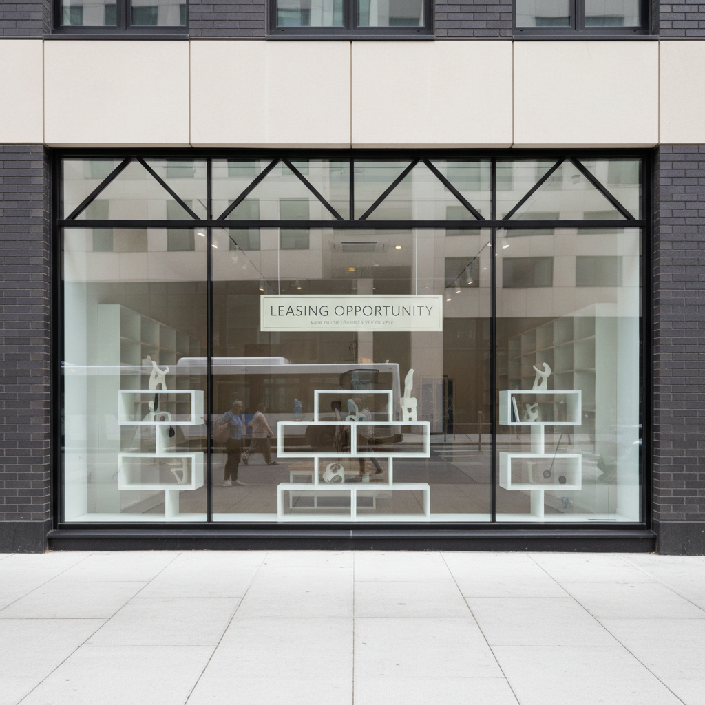 A close-up of a commercial street-level storefront window within the mixed-use building, showcasing clear, frameless glazing and structured matte-black mullions. Inside the shop, minimalistic display shelving and a branded sign in refined, understated lettering are visible. The setting features a well-maintained sidewalk of light gray pavers, with subtle reflections of city life in the glass. Even daylight yields balanced, shadow-free visibility. The mood is modern, aspirational, and business-oriented, reinforcing the site’s leasing opportunity. The shot is taken at a straight-on, eye-level composition with sharp details and a clean, professional aesthetic.